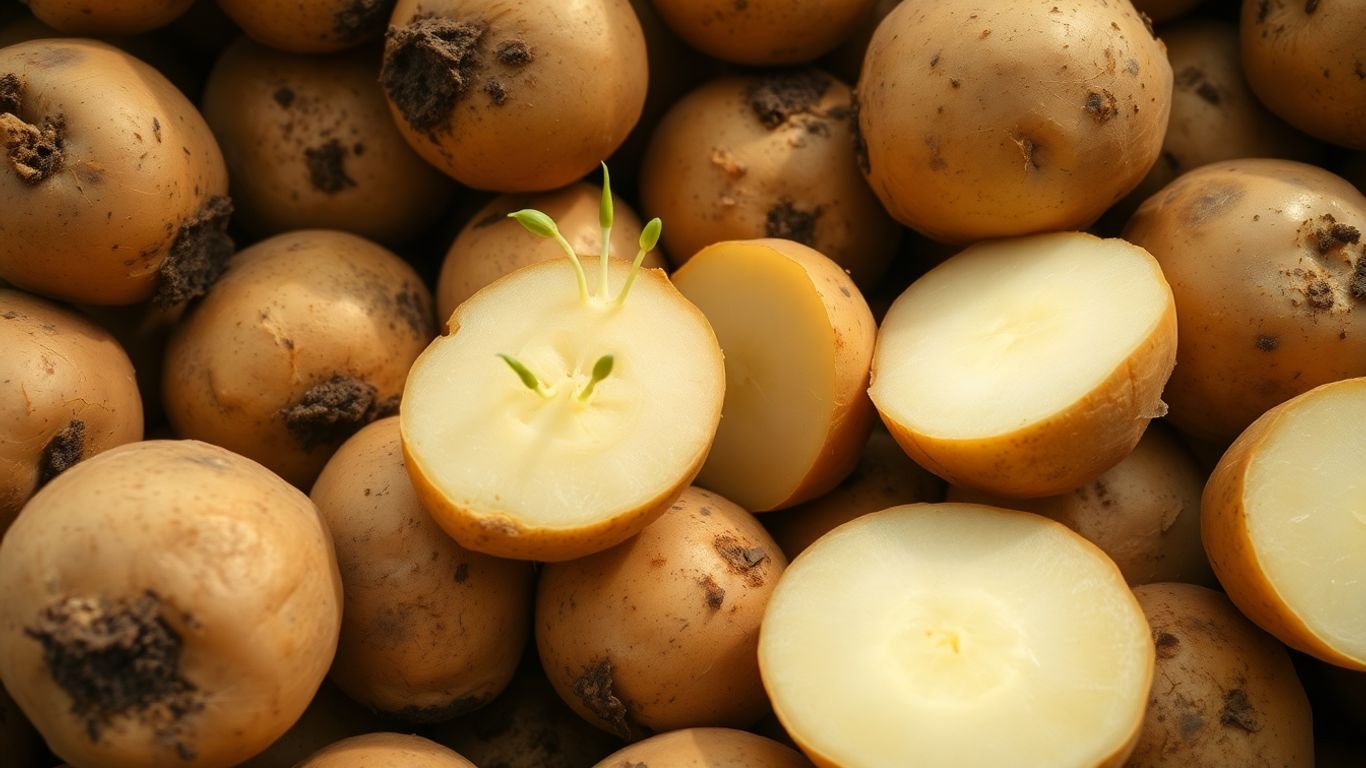 Biologische aardappelen met groene uitlopers en verse textuur.