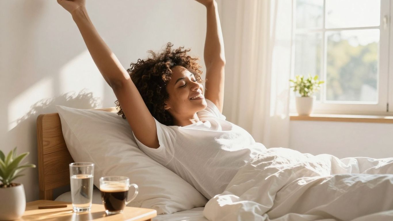 Femeie întinsă în pat dimineața, lumină solară.