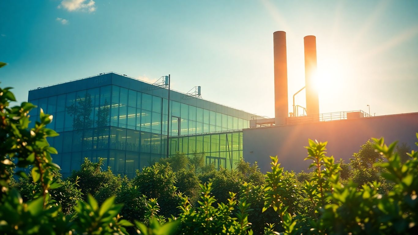 Fabrica ecologica moderna cu vegetatie si lumina.