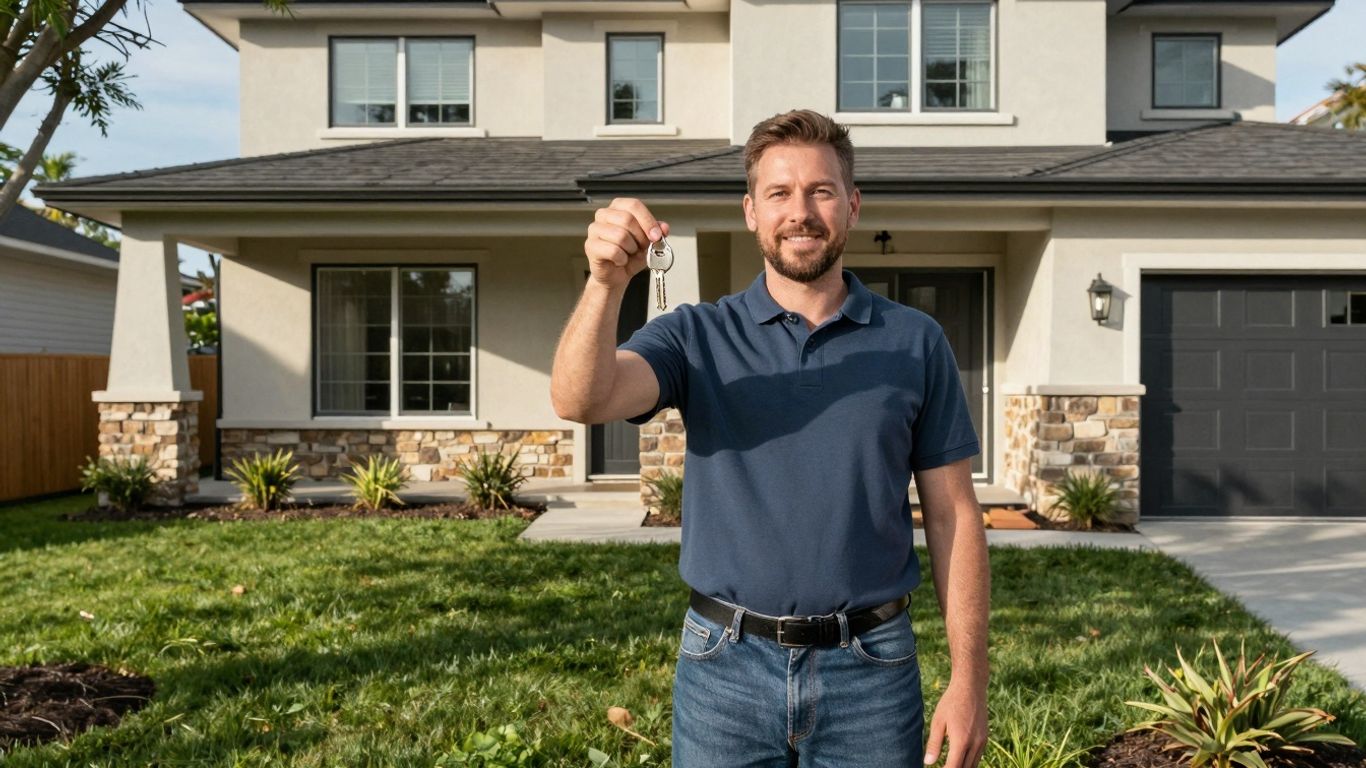 Propietario feliz frente a su casa con seguro.