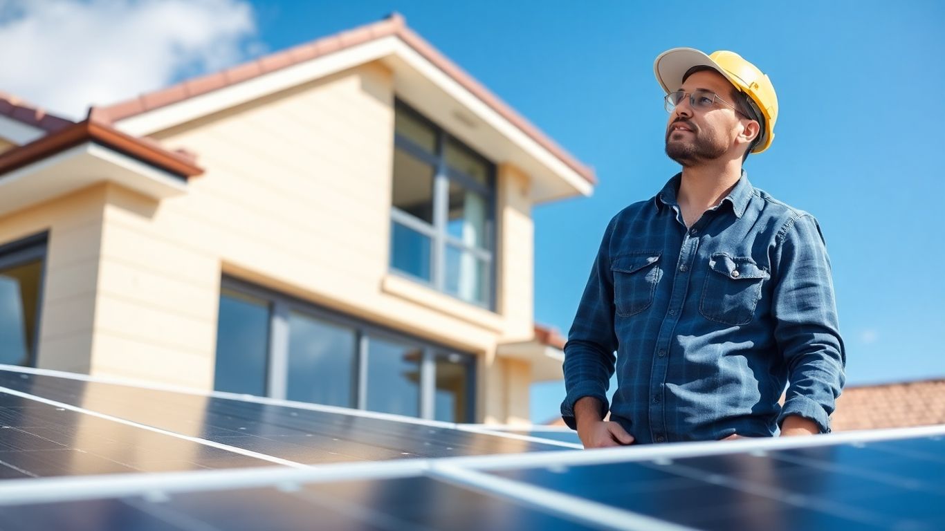 Energieexperte inspiziert Solarpanels auf einem Dach