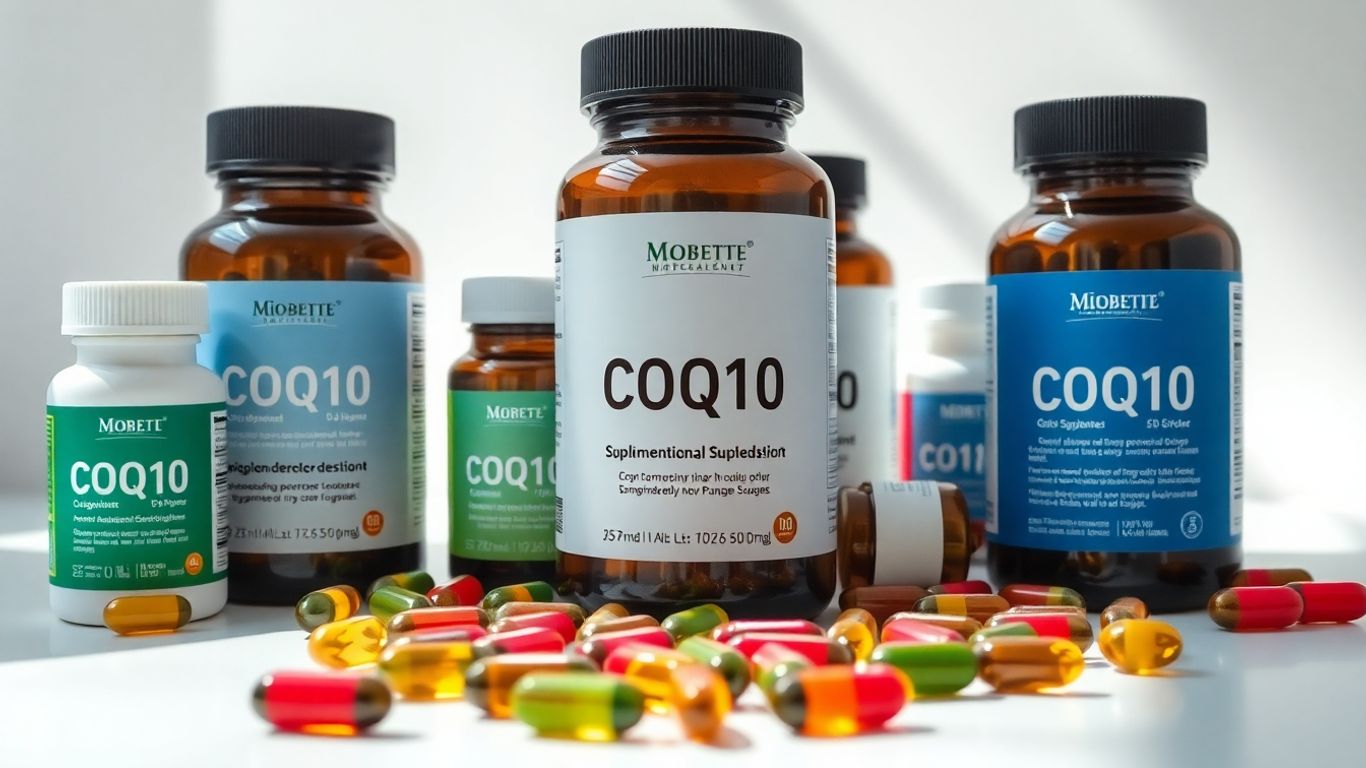 CoQ10 supplement bottles and capsules