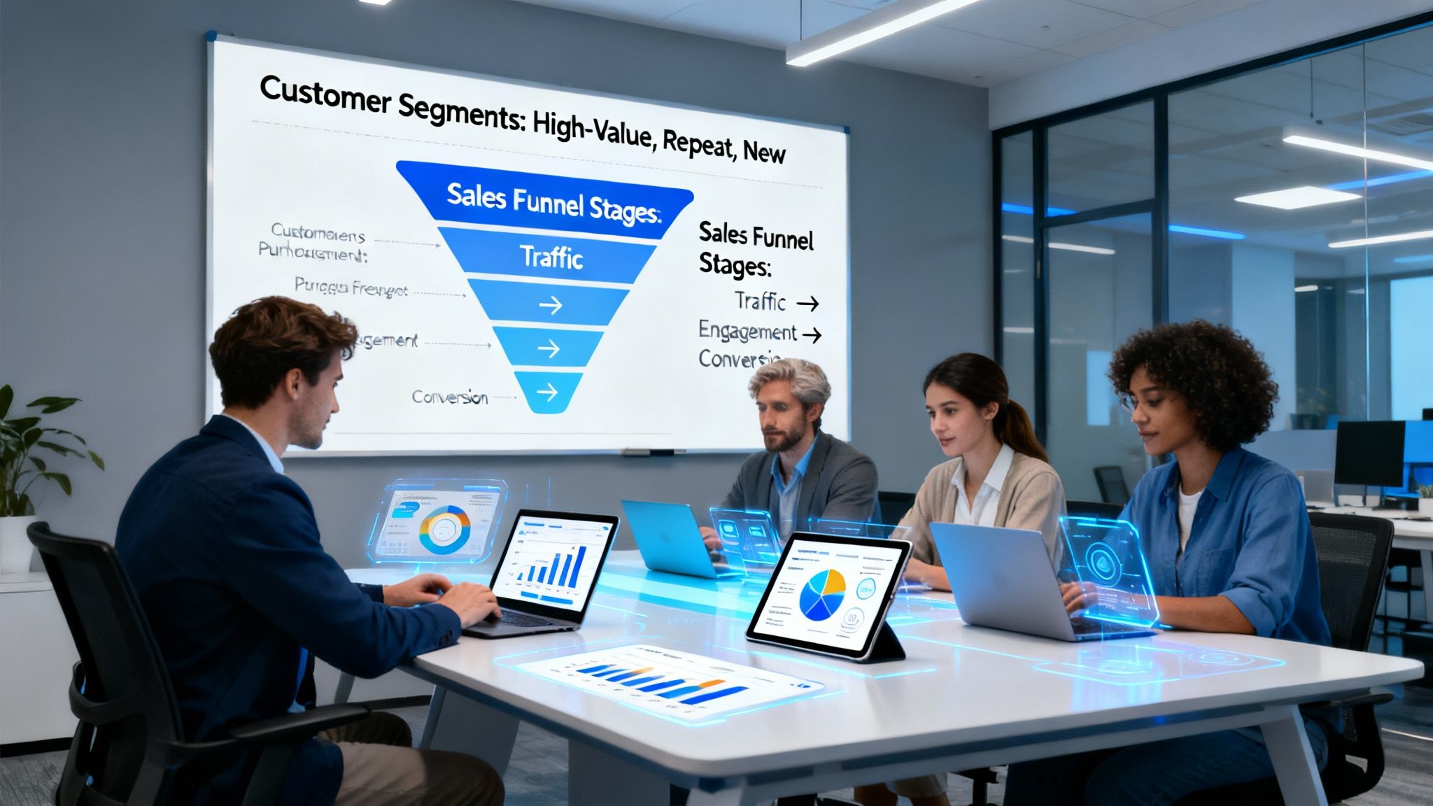 Conceptual CRM for ecommerce brands: team analyzing customer segments and sales funnels