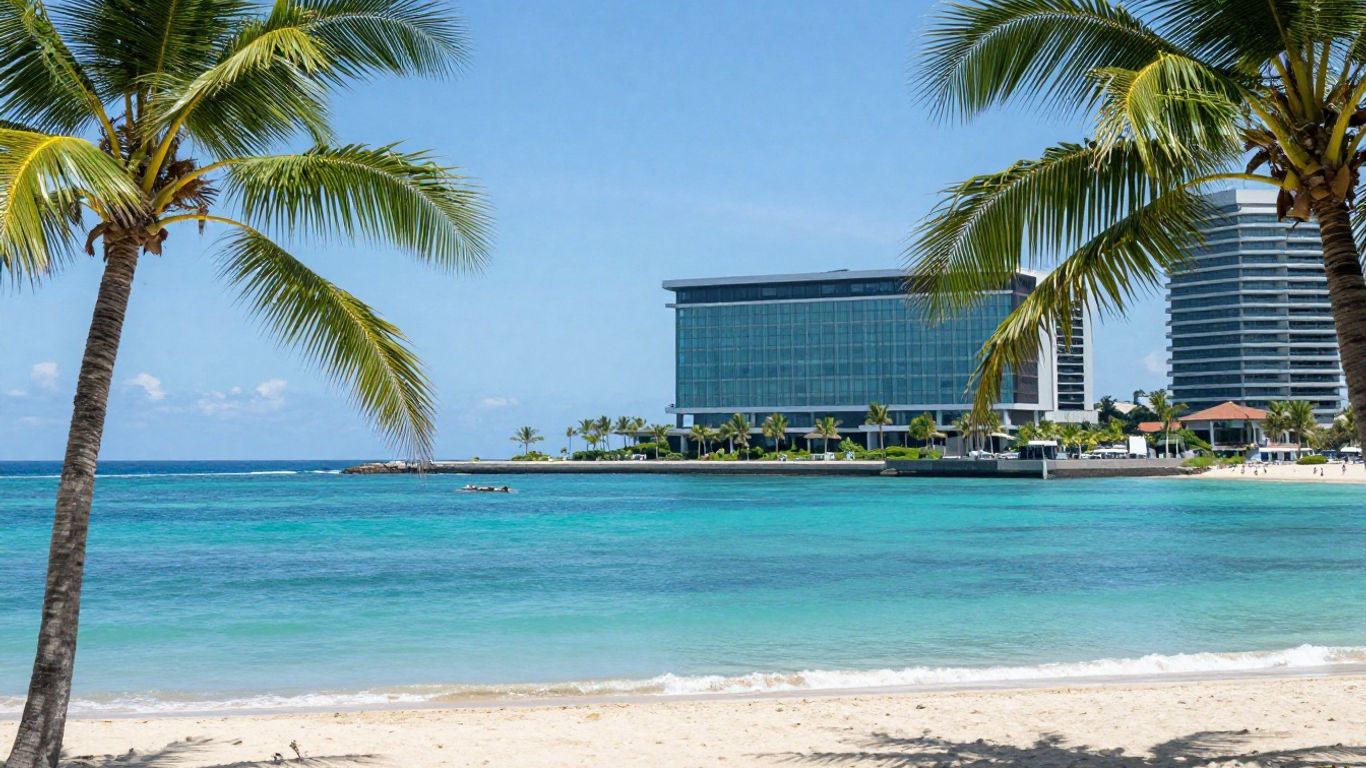 Bali beach and modern office building