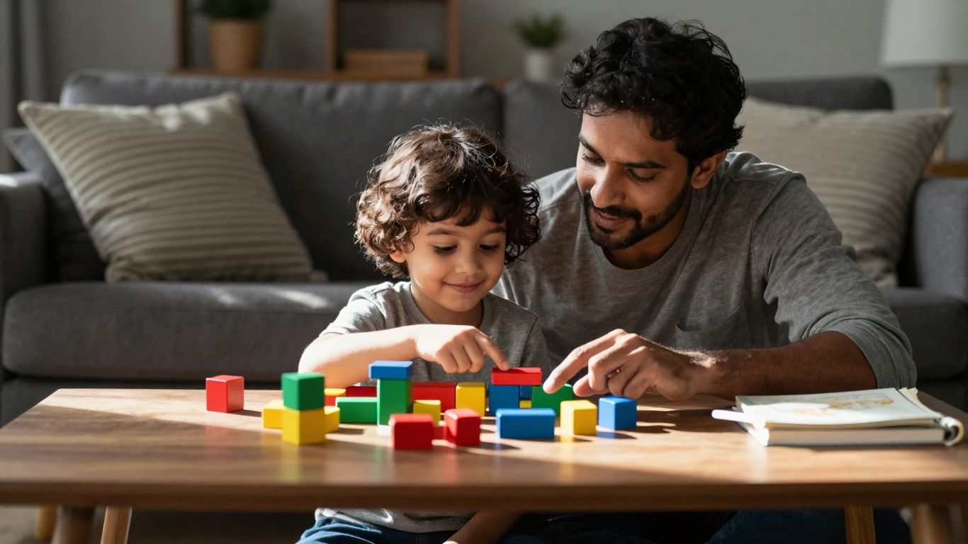 Parent and child playing with blocks at home.