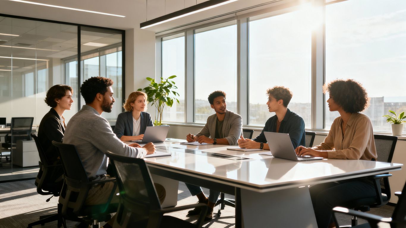 Business professionals collaborating in a modern office.