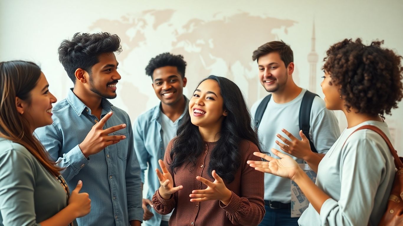 People discussing global and cultural topics for IELTS.