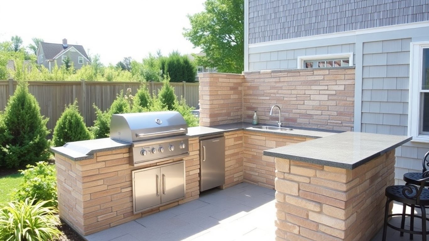 Custom masonry outdoor kitchen with grill and stone countertops