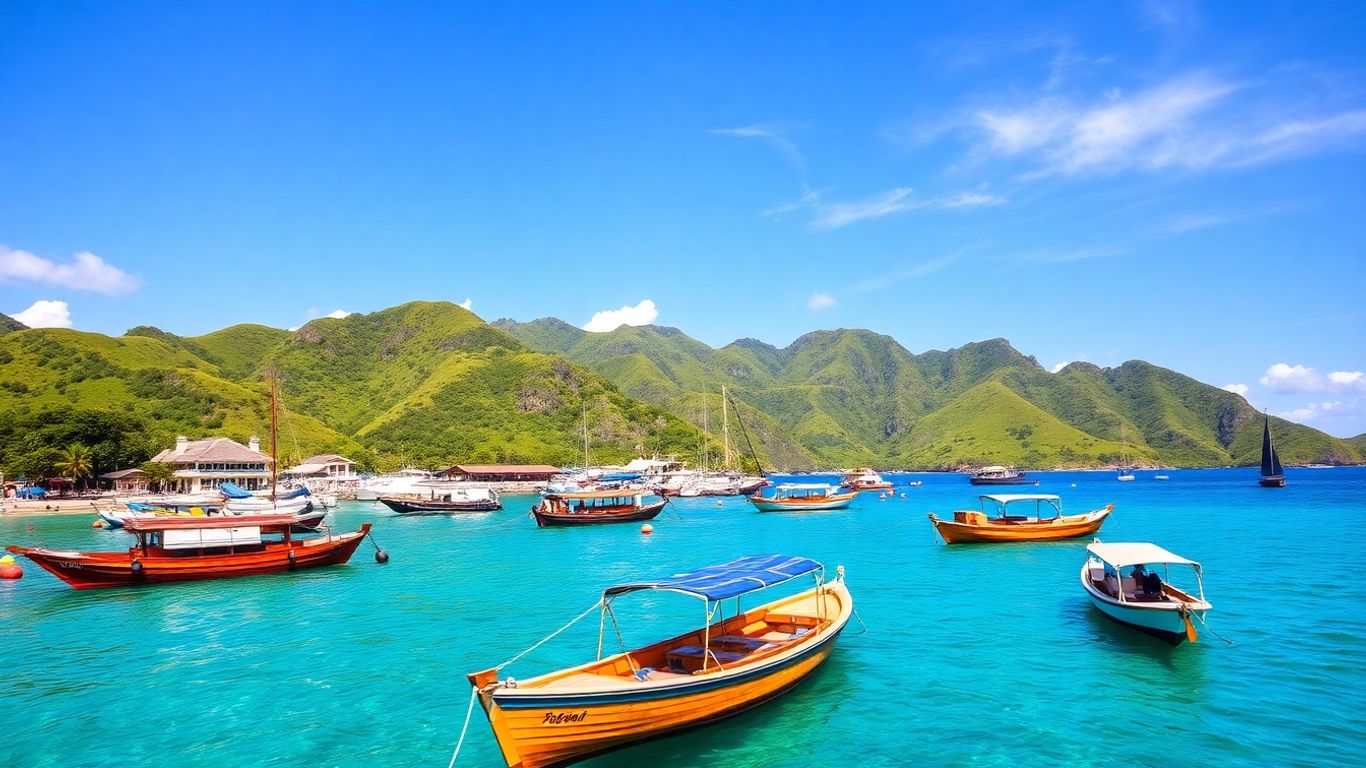 Labuan Bajo coastline with boats and hills