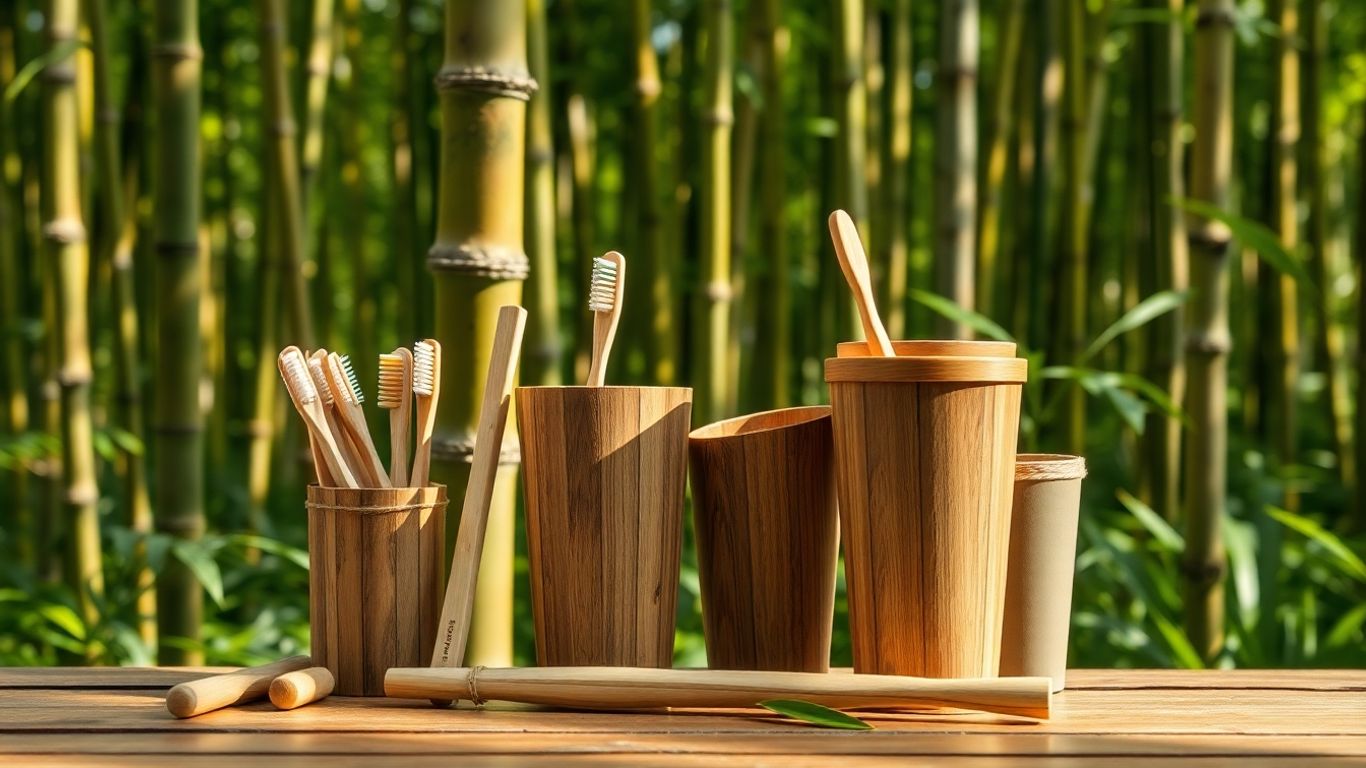 Des objets quotidiens en bambou sur fond vert luxuriant.