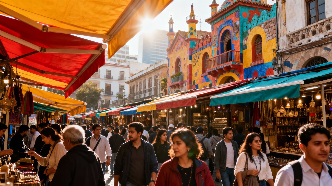 Camden Market street scene with crowds and colorful stalls.