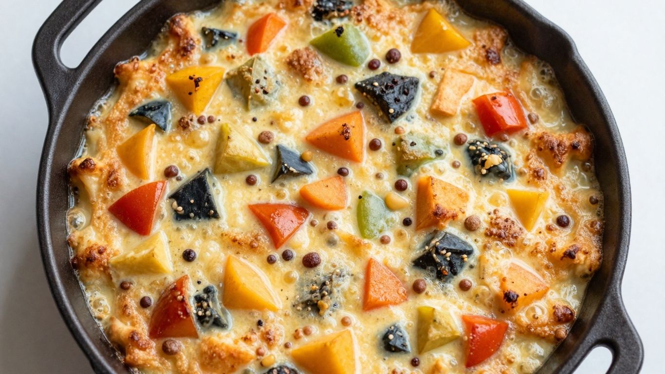 Healthy breakfast casserole, golden brown and bubbling.