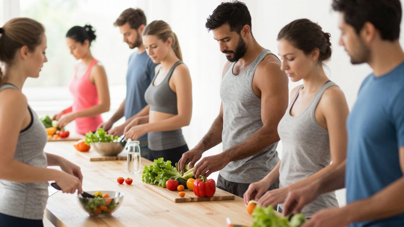 People exercising and eating healthy food for weight loss.