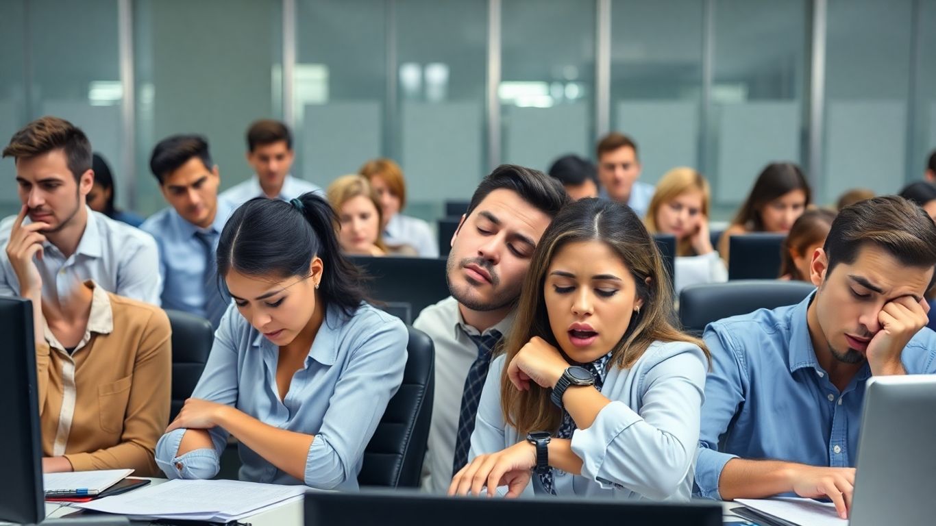 Tired office workers at desks, looking disengaged and bored.
