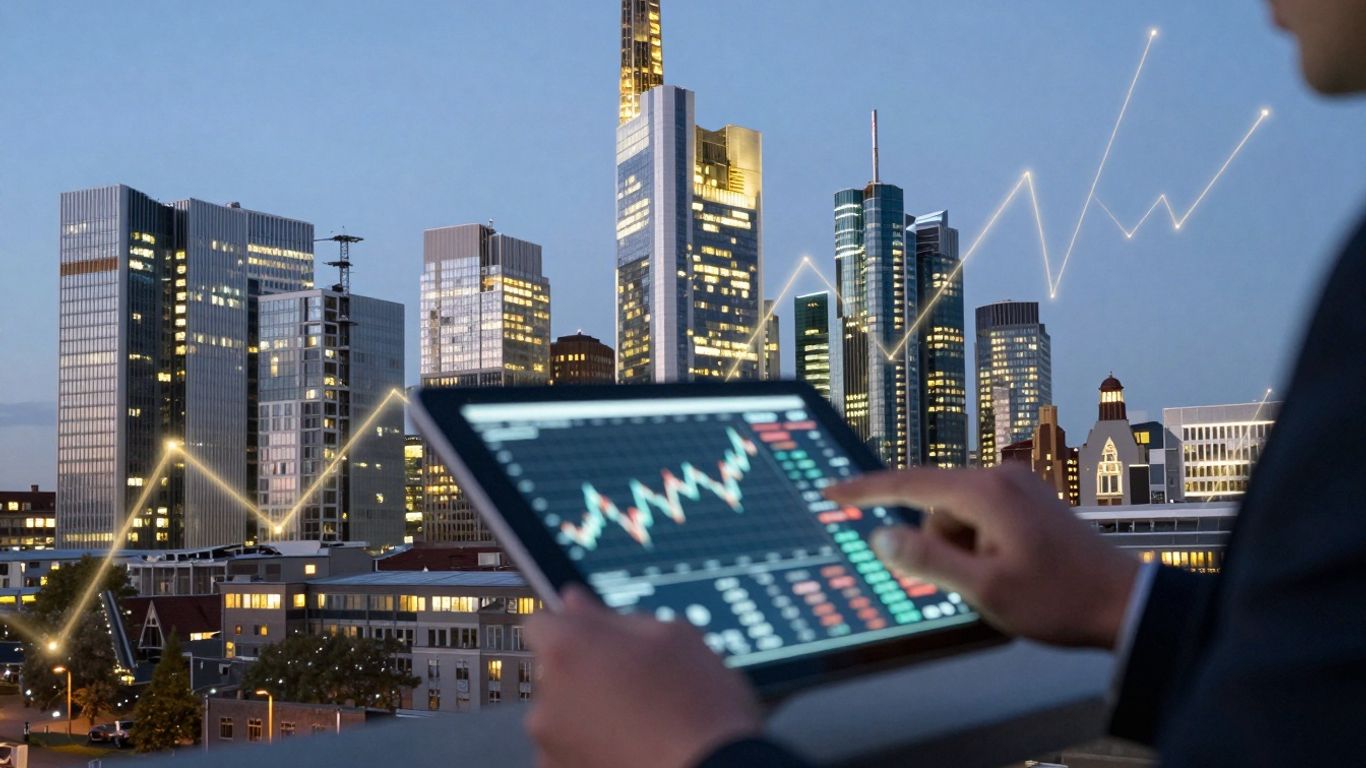 Berlin skyline with financial growth lines and a hand holding a tablet.