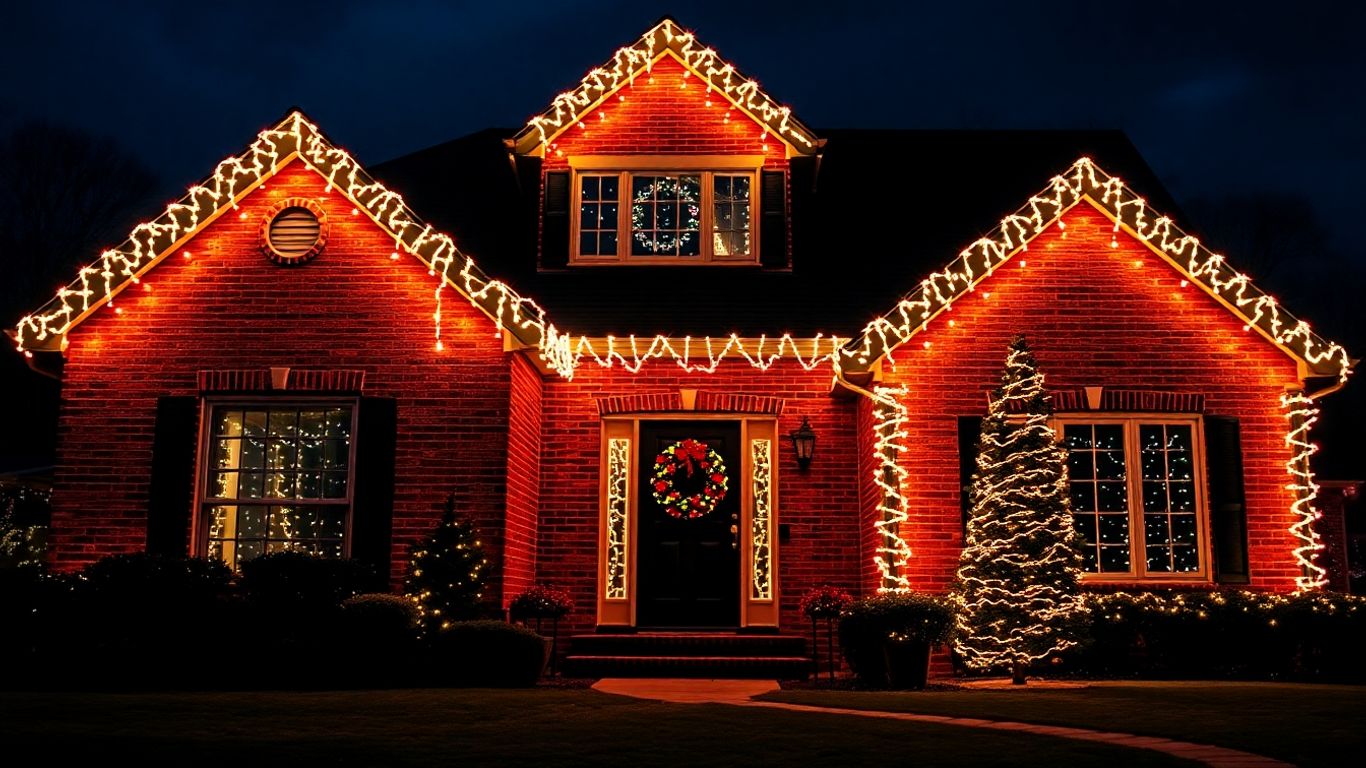 Professionally installed Christmas lights on a house exterior.