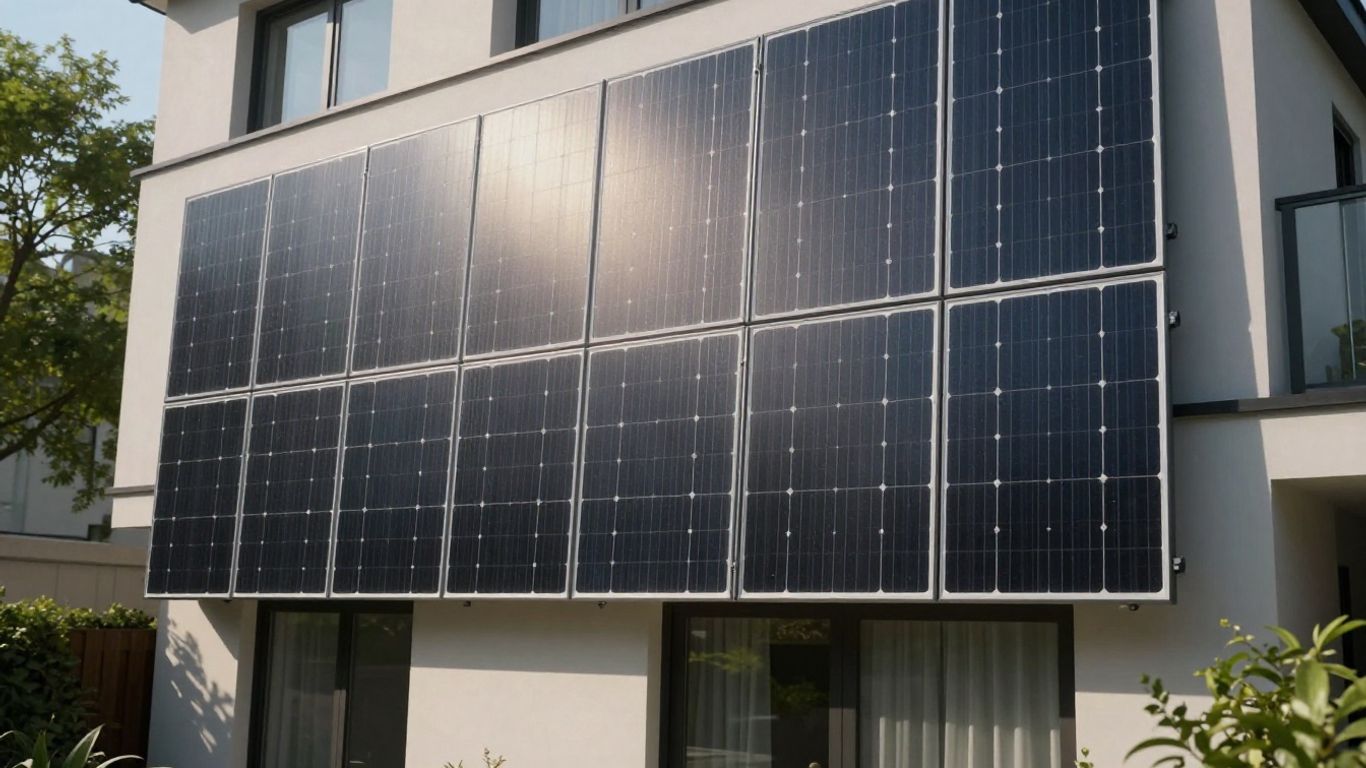 Solar panels integrated on a modern house's vertical wall.