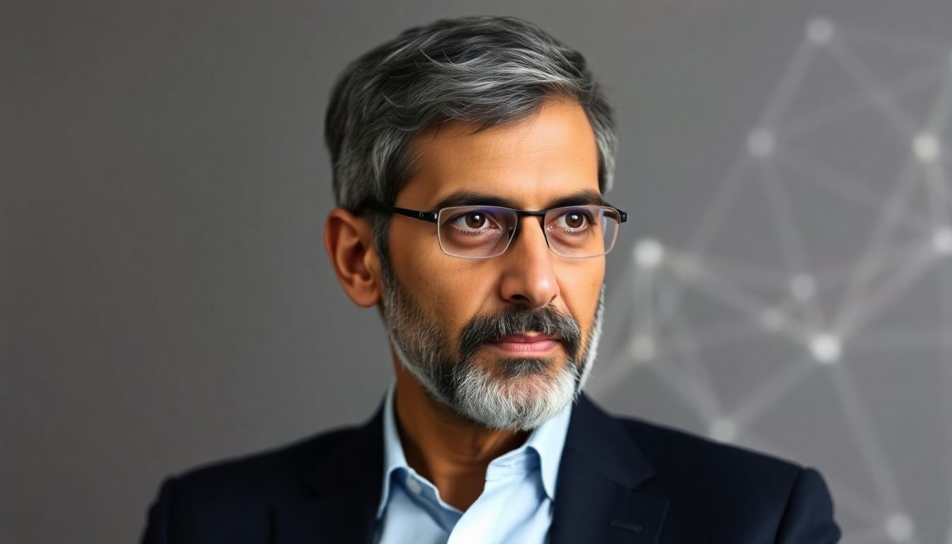 [Sundar Pichai] looking concerned, with abstract digital background.