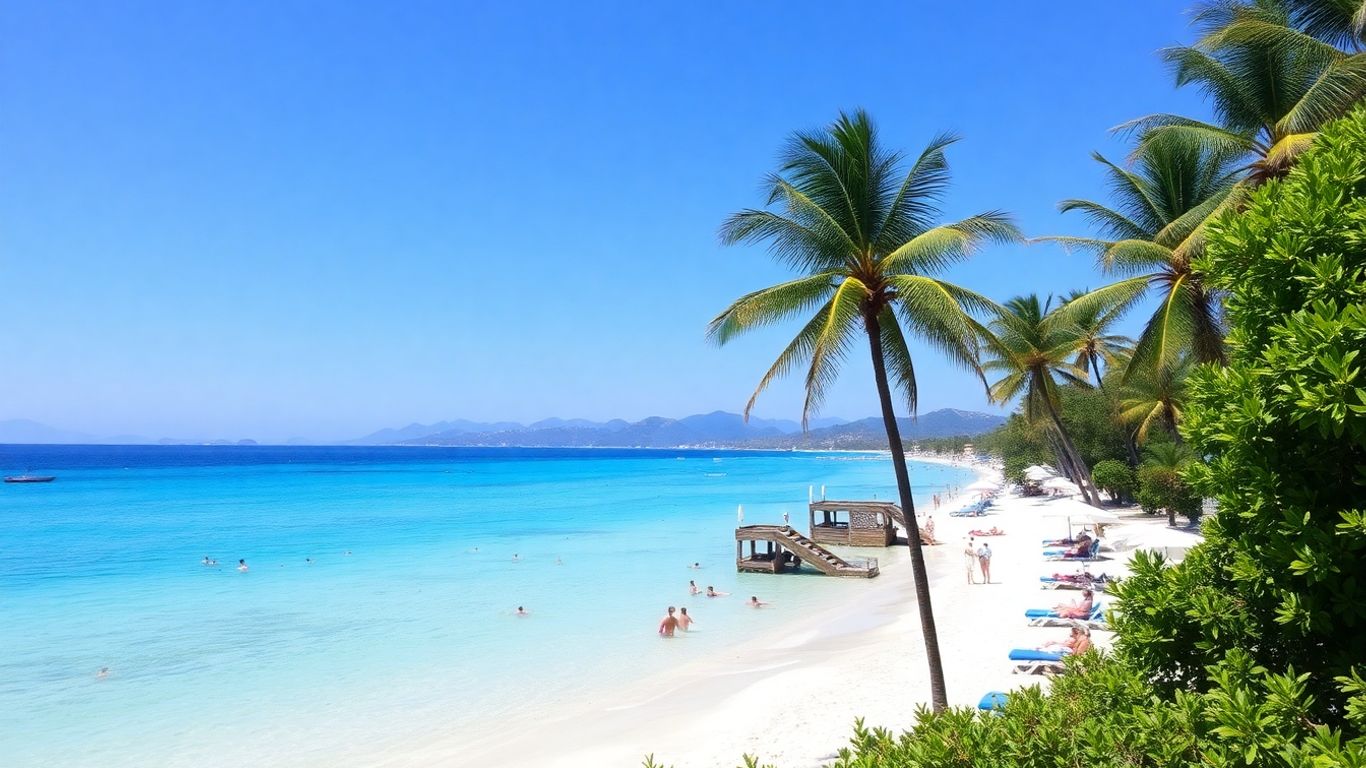Sunny tropical beach with people relaxing and swimming