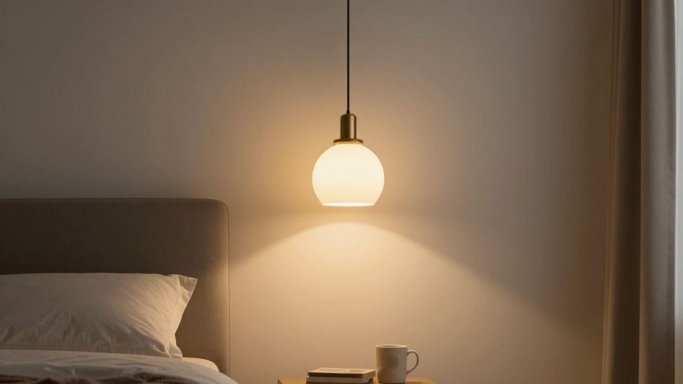 Stylish bedroom hanging light above a bed.