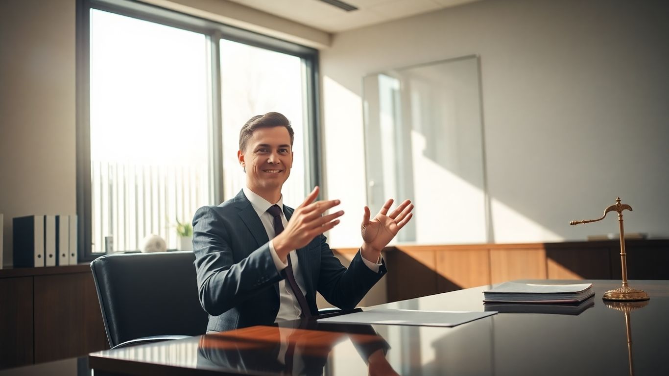 Avocat discutând la birou despre dreptul muncii.