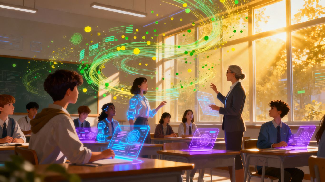 Students and AI in a futuristic global classroom.