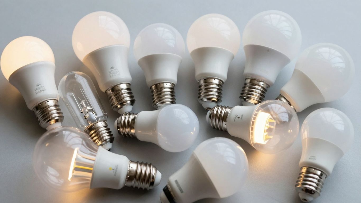 Various LED light bulbs, some lit, some off.