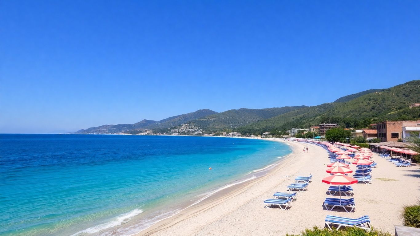 Albanian coast with beach umbrellas and clear blue sea