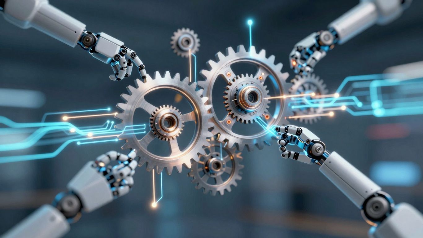 Interconnected gears and circuits with robotic arms.