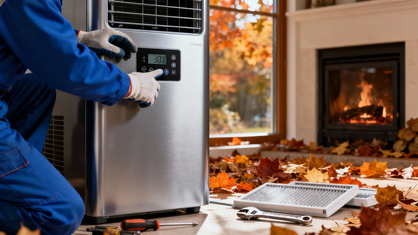 Technician servicing HVAC unit with autumn leaves nearby
