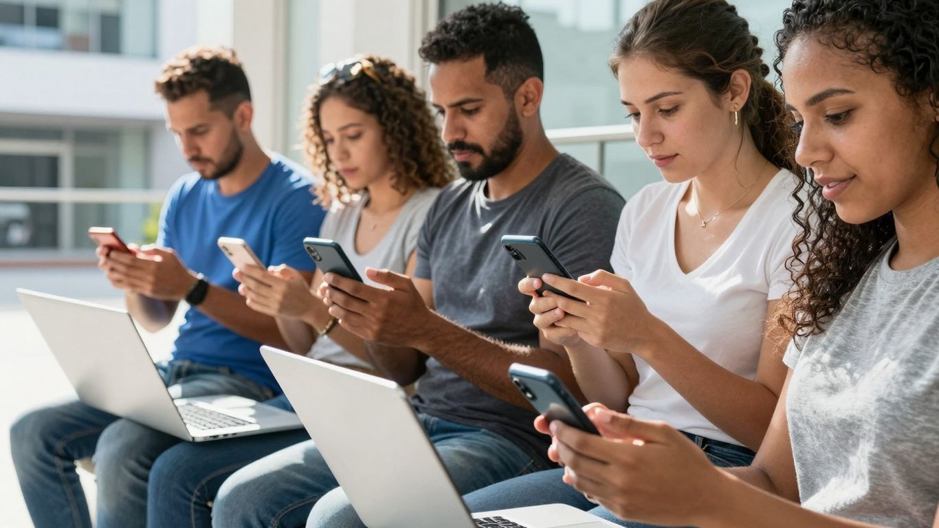 Venezolanos usando dispositivos digitales en un entorno urbano.