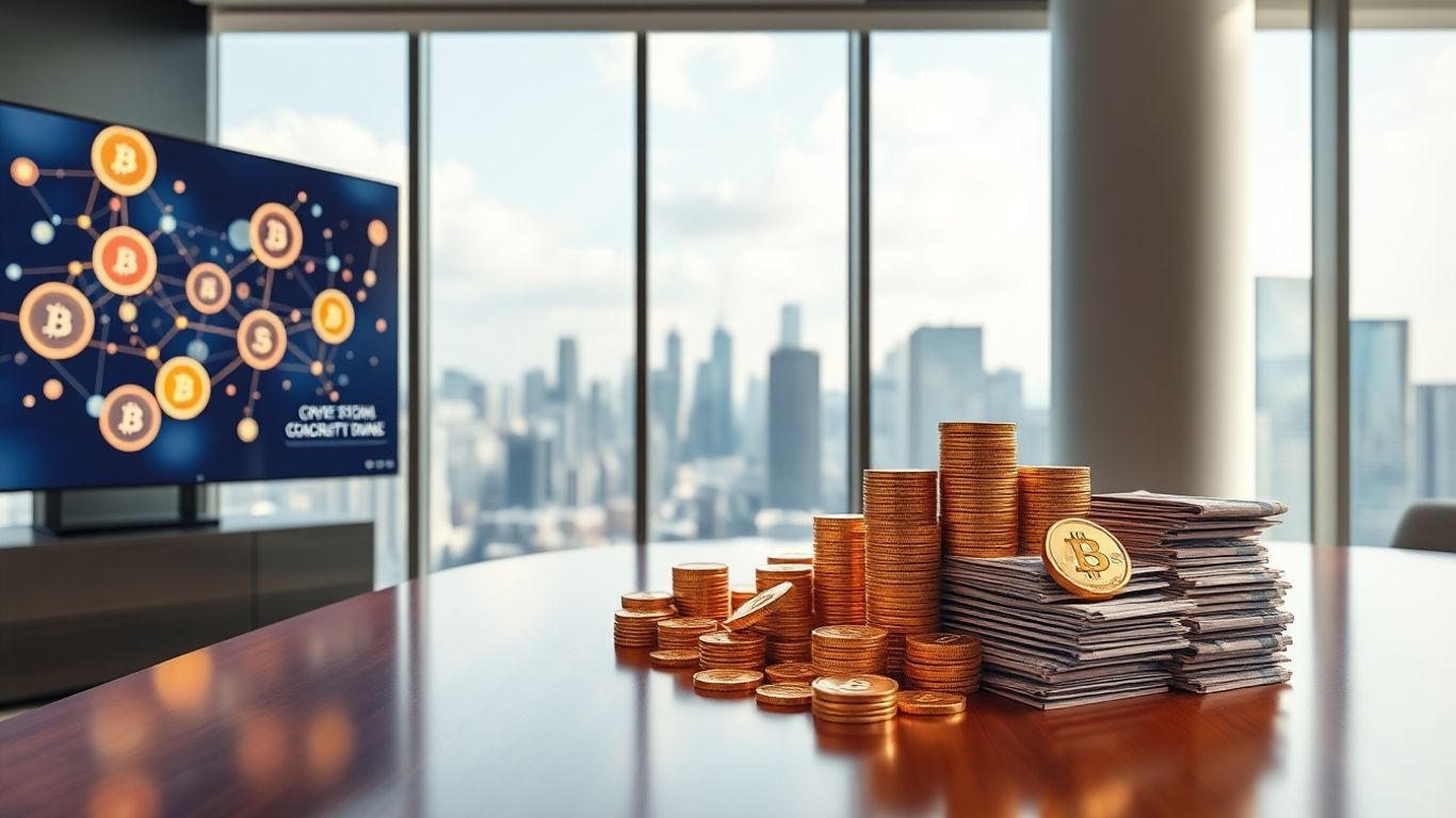 Modern office with crypto symbols and wealth elements.