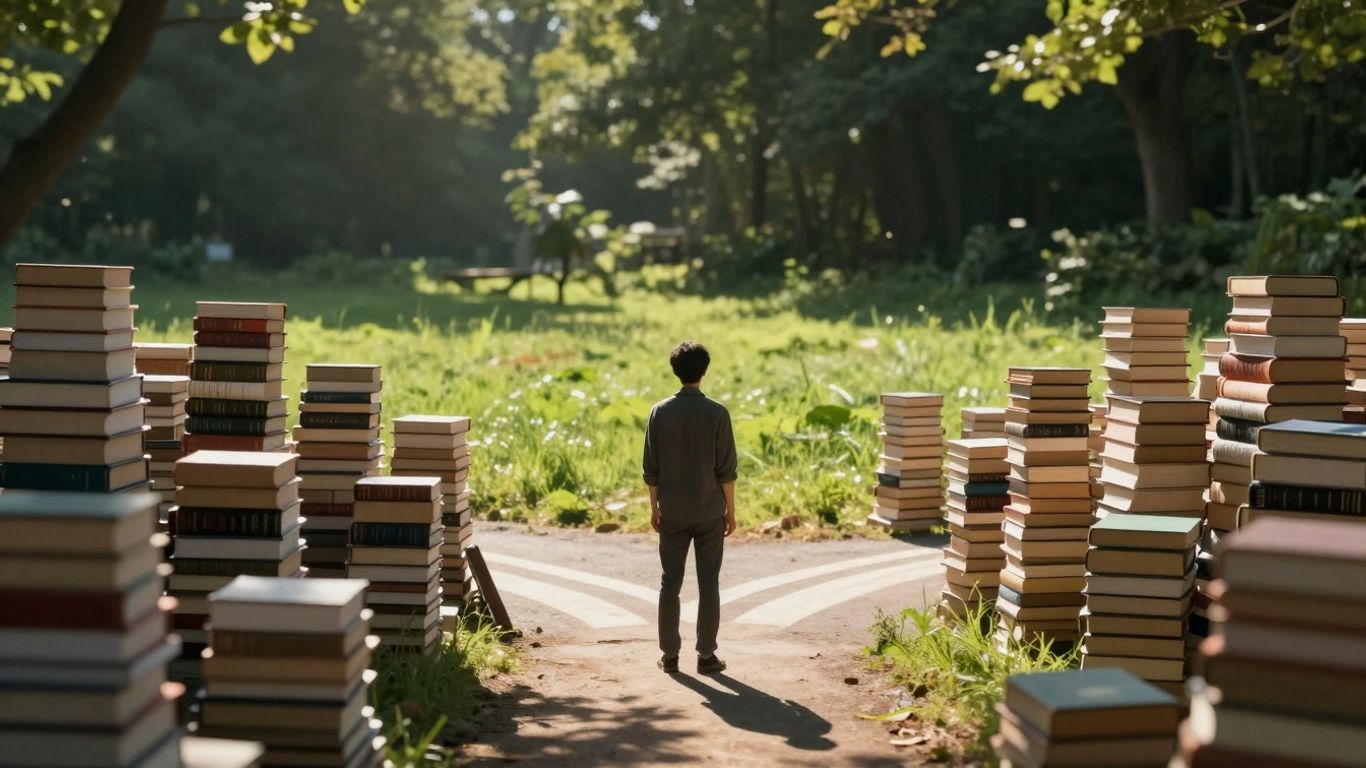 Author at a crossroads of book stacks.