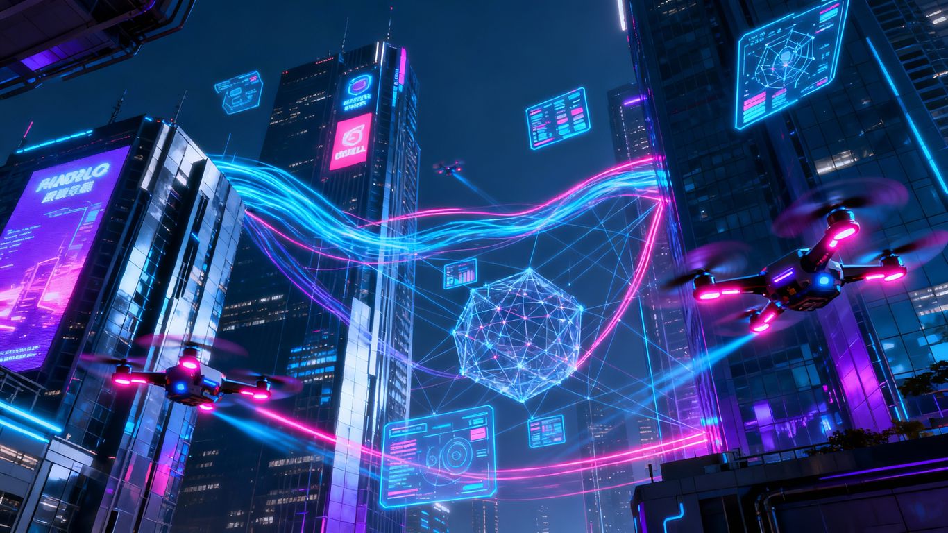 Futuristic cityscape with data streams and drones.