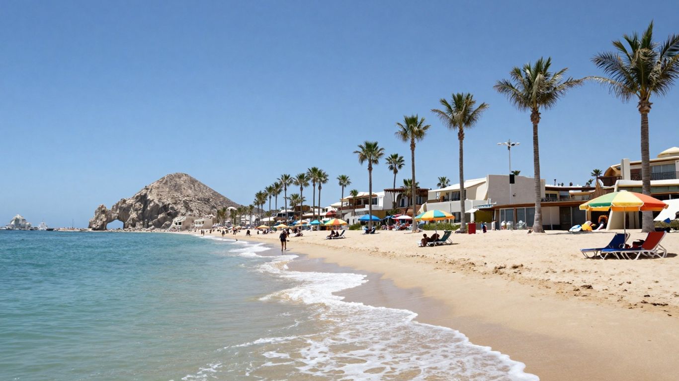 Cabo beach with turquoise water and Arch in distance.