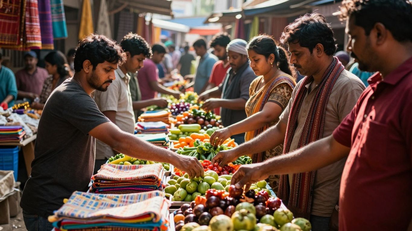 Oameni cumpărând produse într-o piață aglomerată.