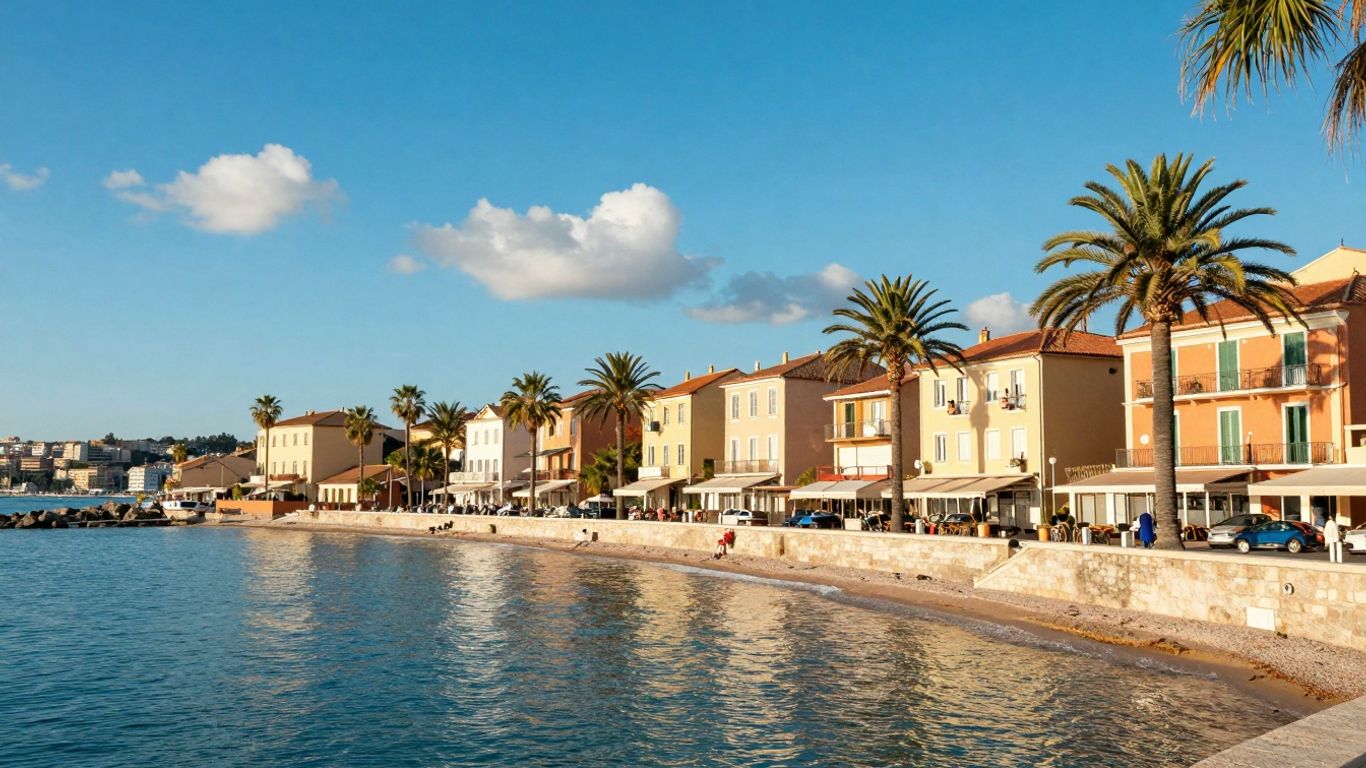 Sunny European coast with colorful buildings and blue water.