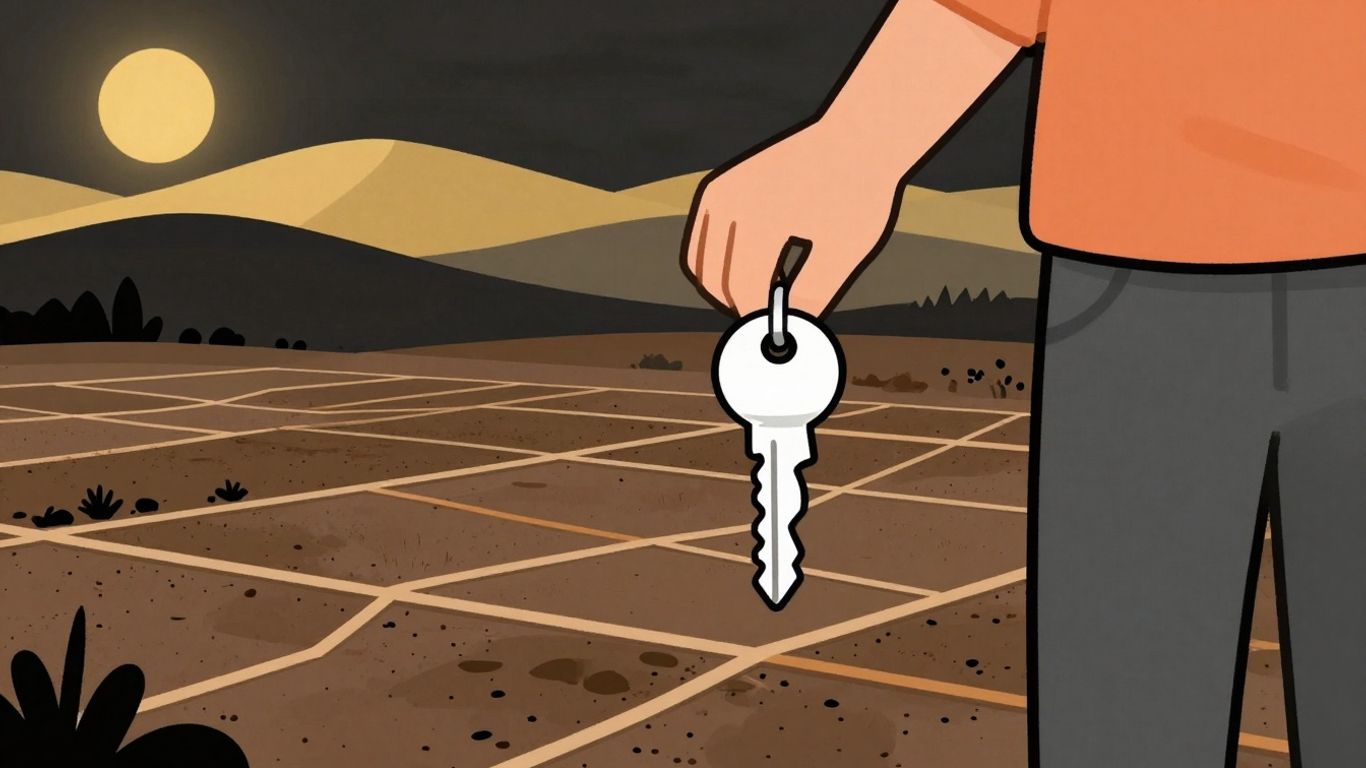 Cartoon of person with key and land.