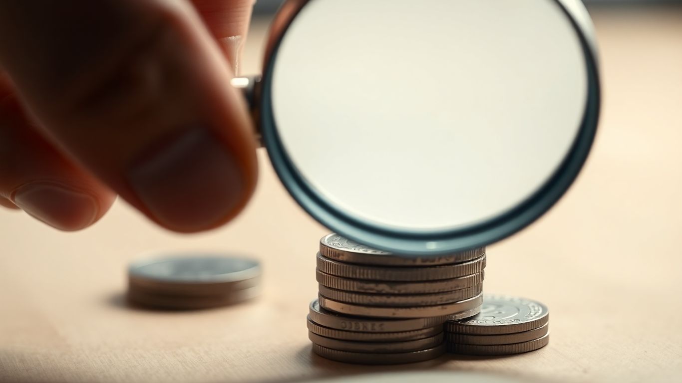 Magnifying glass over coins, profit analysis.