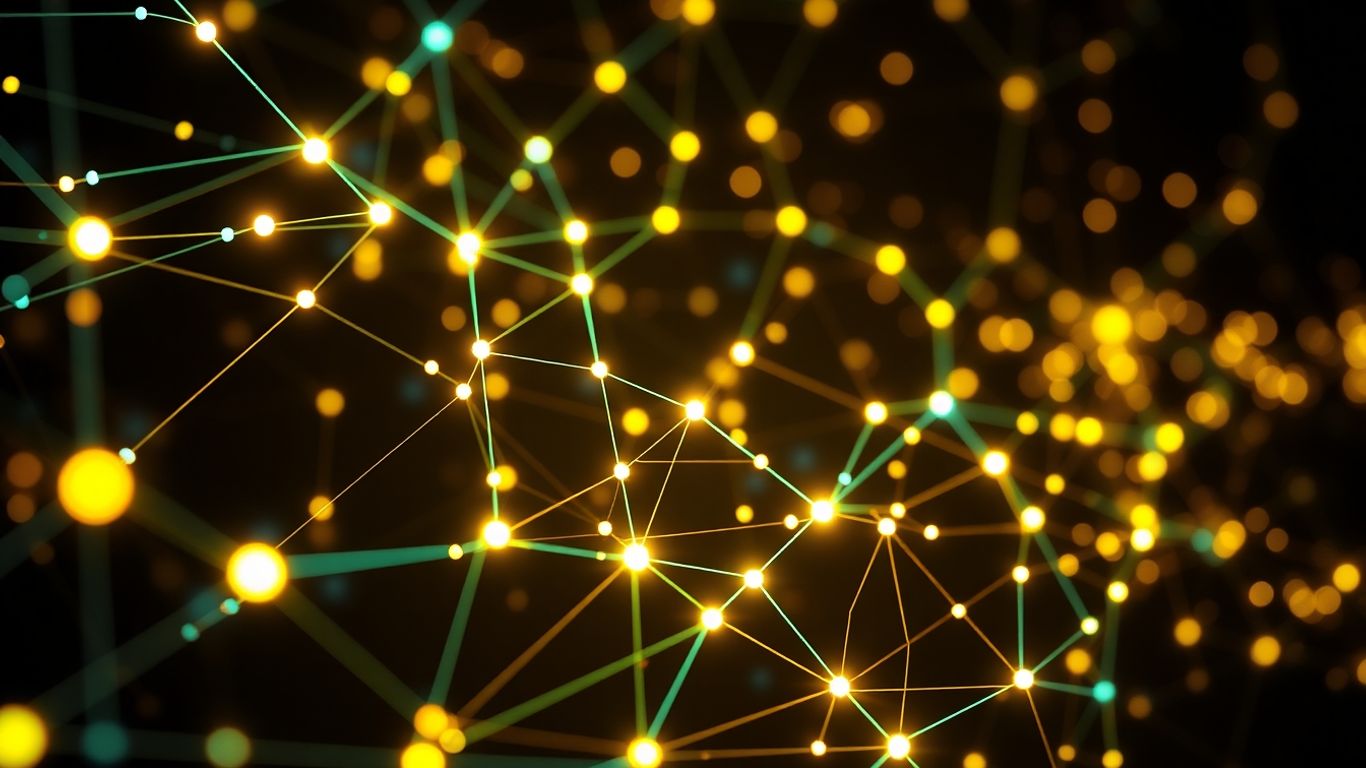 Bitcoin blockchain network visualization with glowing nodes and pathways.