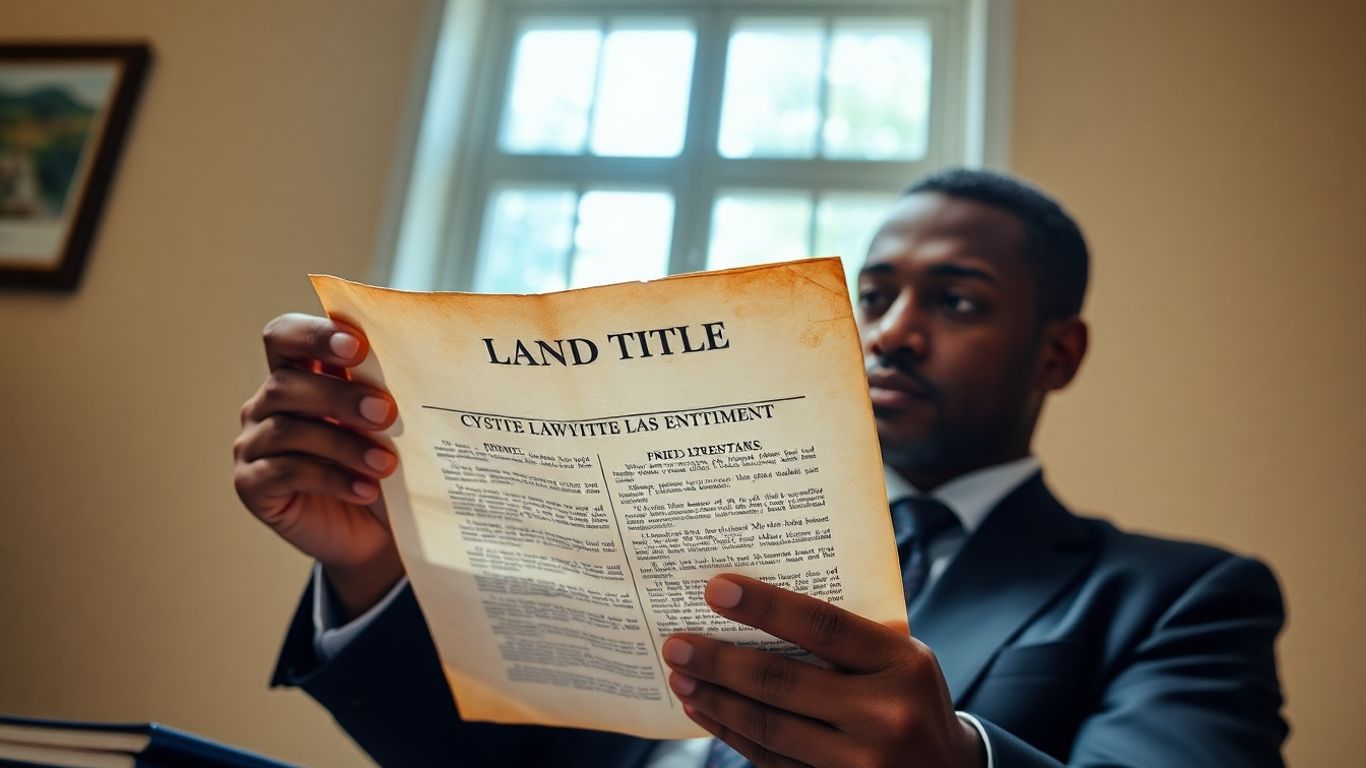 Lawyer examining Jamaican land title document.