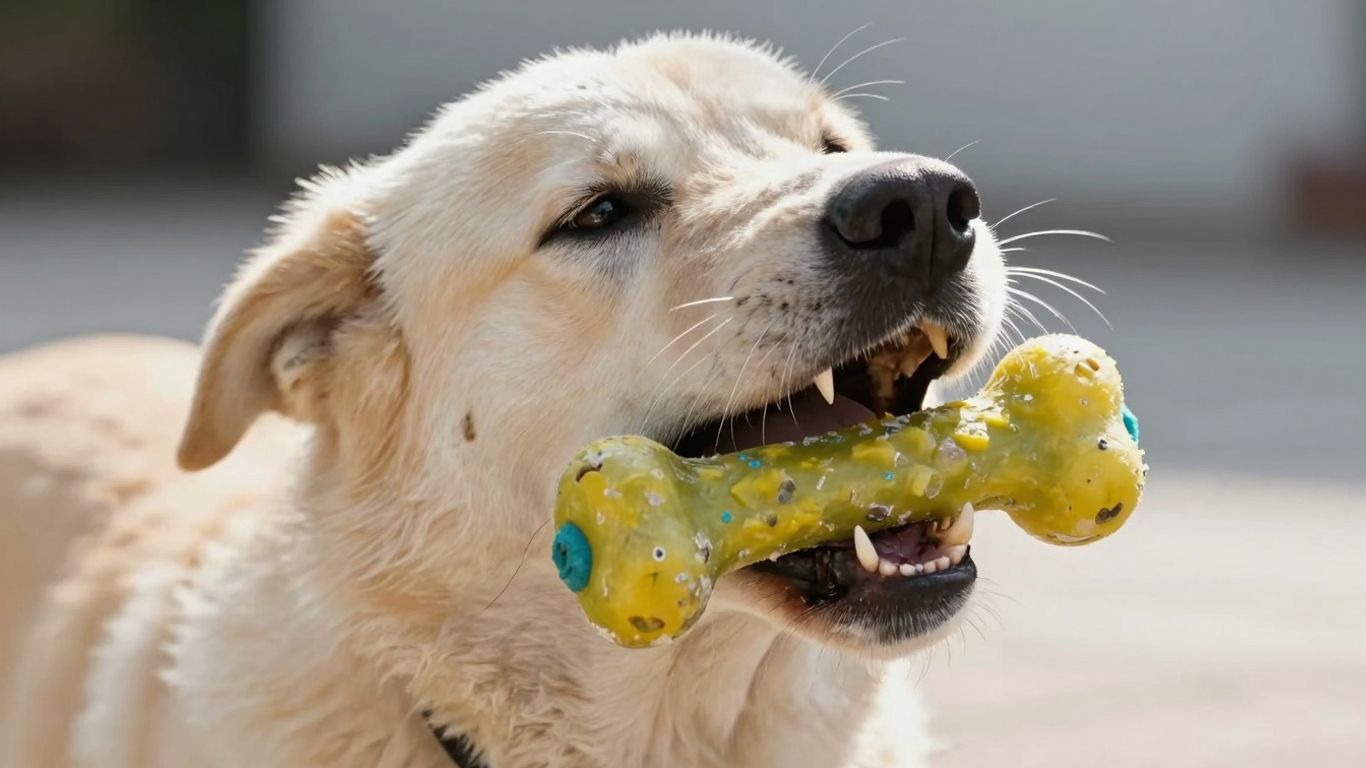 Dog chewing a tough, colorful Bullymake toy.