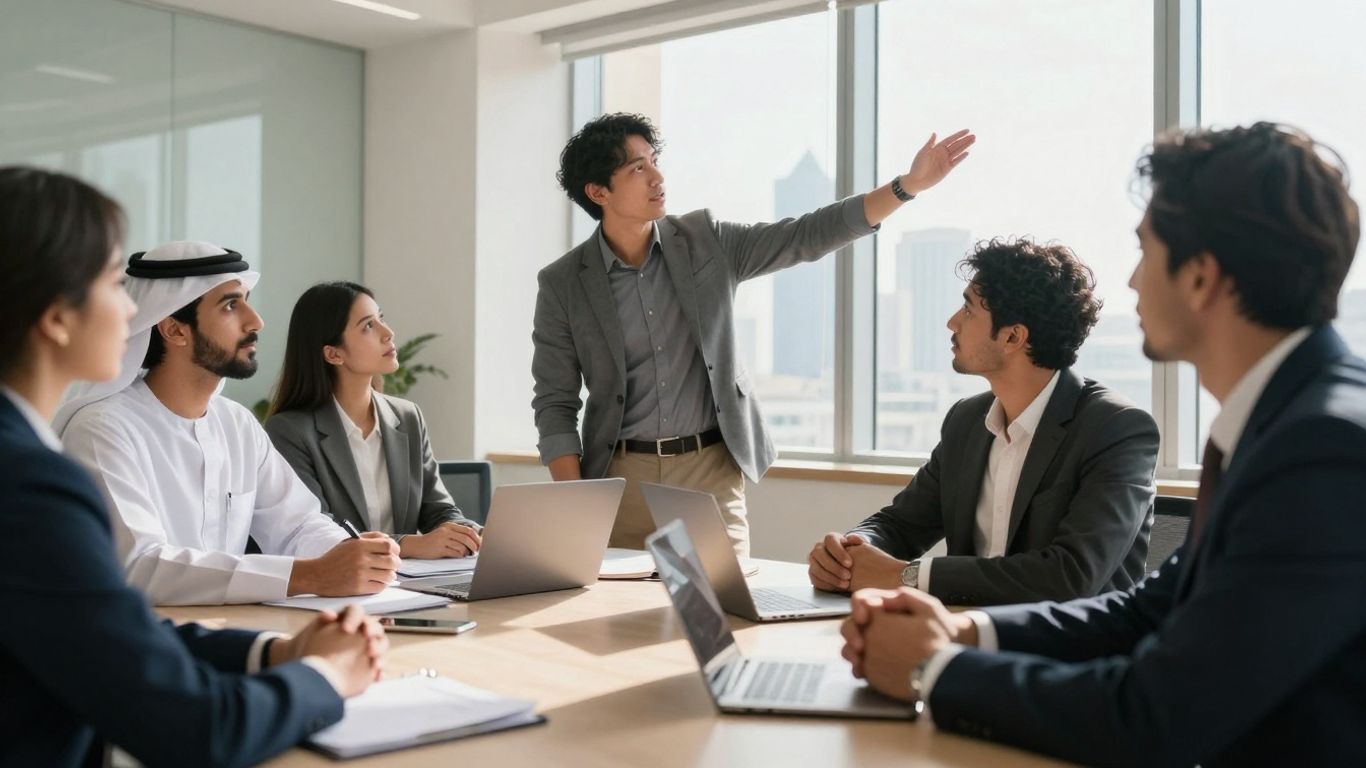 People discussing insurance risk management strategies in an office.