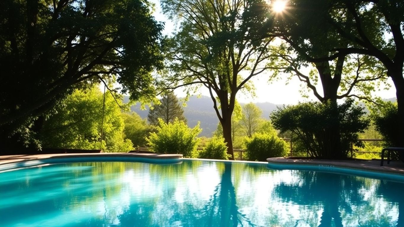 Tranquil swimming pool at Mt Cotton Retreat surrounded by greenery.