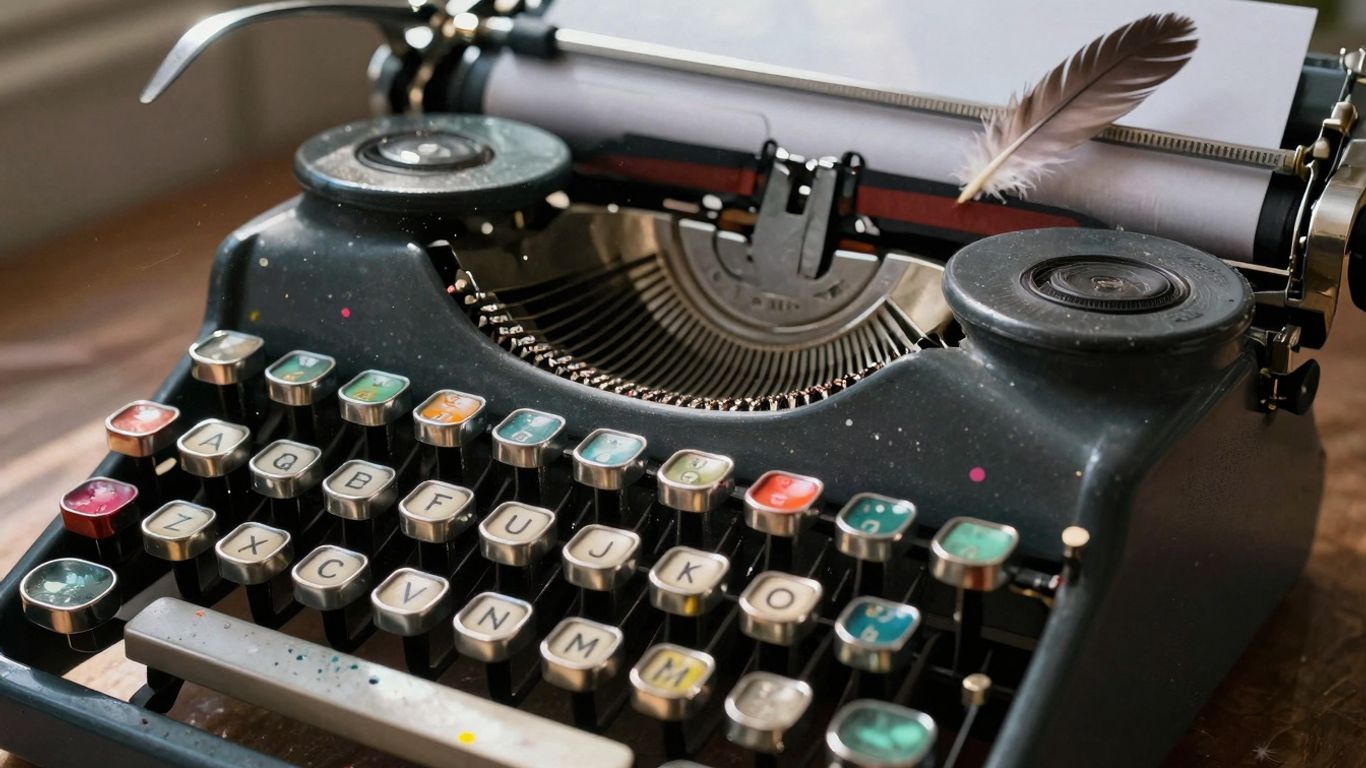 Typewriter with colorful ink splatters and a feather.