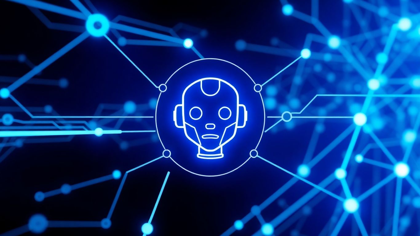 Futuristic IT support chatbot interface with robot icon.