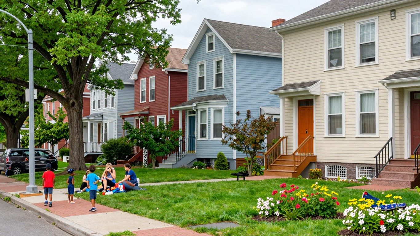 Charming Hamburg, NY street with colorful houses and green lawns.