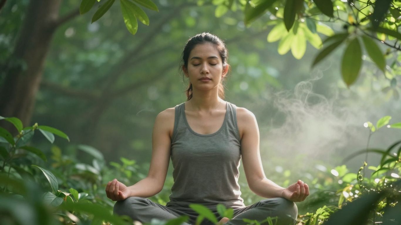 Person meditating in a serene, green forest setting.