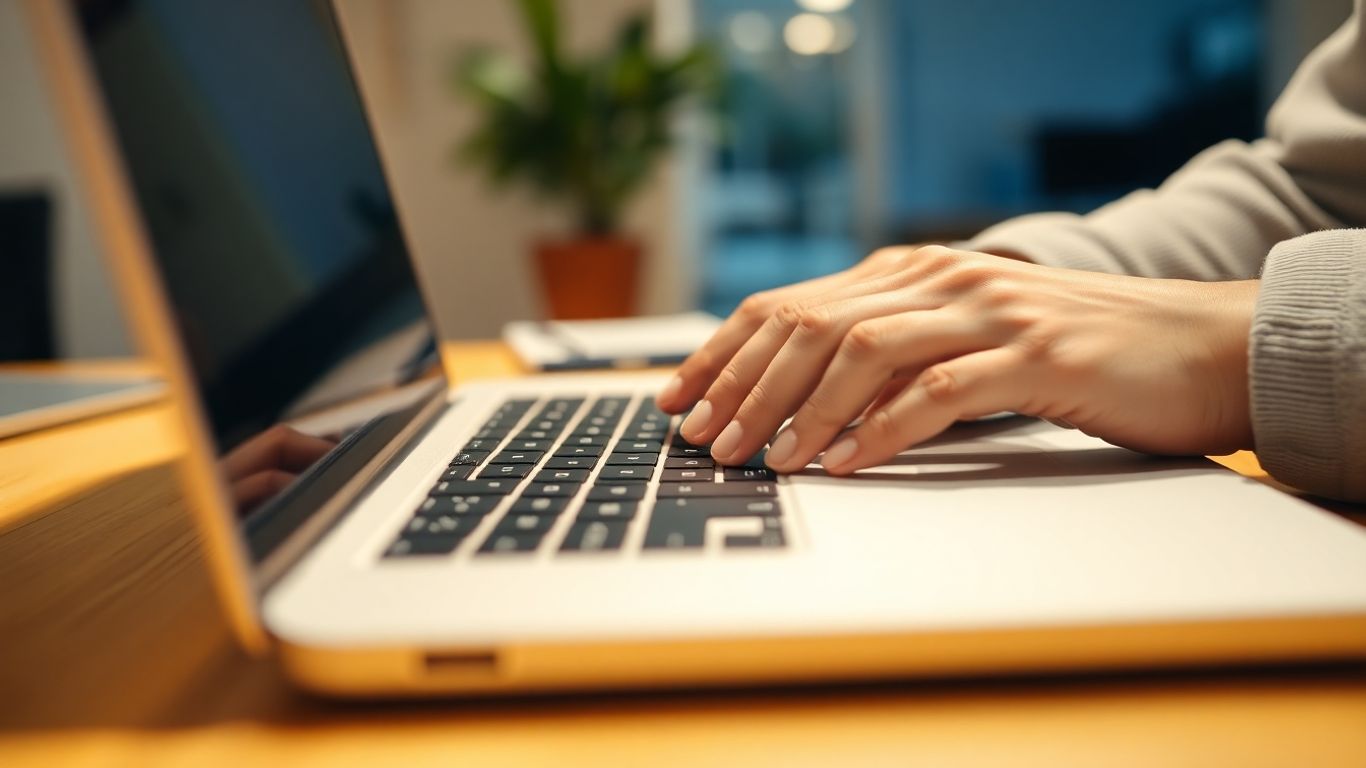 Mãos digitando em um teclado de laptop.