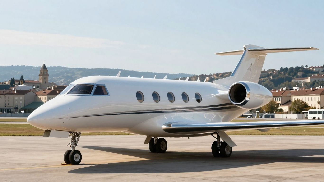 Private jet parked on tarmac with European city backdrop.